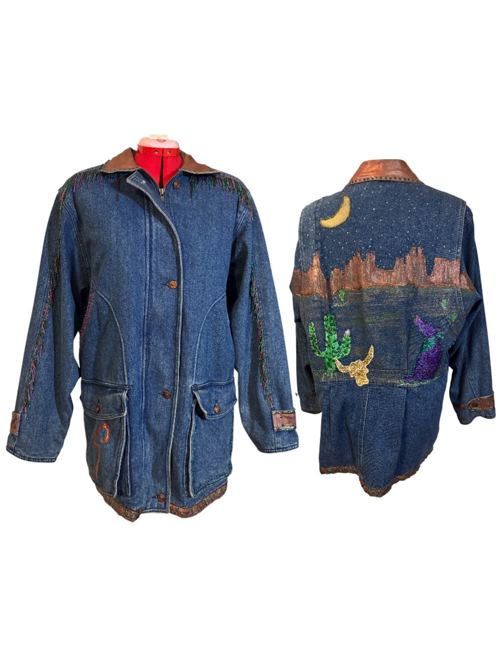 Vintage Reworked Astisan Upcycled Southwestern-embellished Denim Fringe Jacket